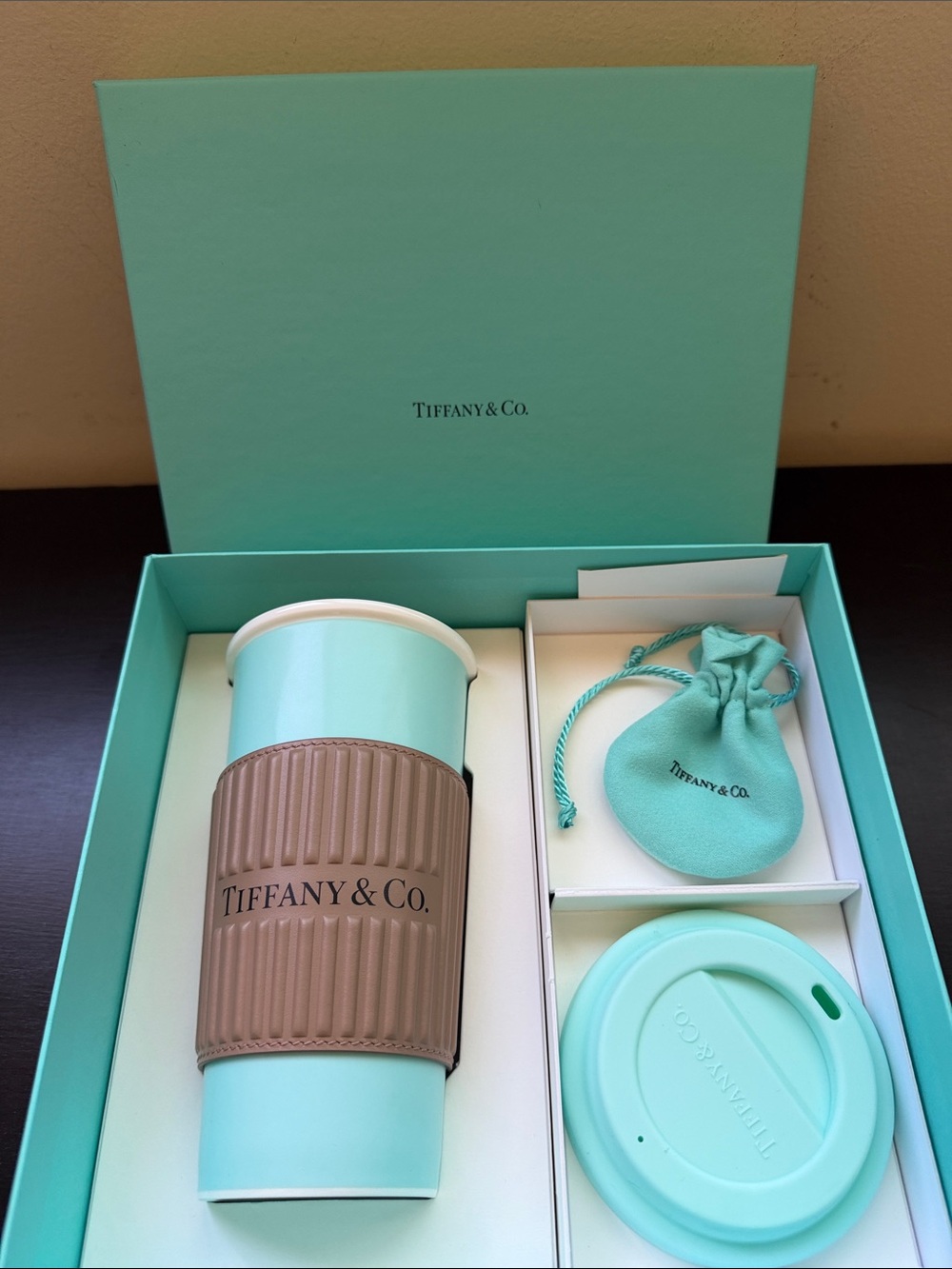 Tiffany & Co. Aqua Blue Travel Cup with Brown Silicone Sleeve *NEW*
